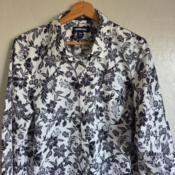 Lands' End No Iron Supima Cotton Floral Shirt Button Up White/Black Women's 16W - Picture 3 of 12